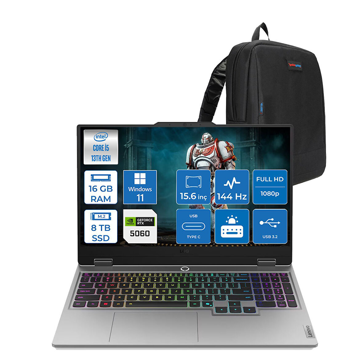 Lenovo Loq 15IRX10 Intel Core I5 13450HX 16GB Ddr5 8tb SSD RTX5060 8gb 100W Windows 11 Home 15.6" Fhd (1920X1080) IPS 300NITS 144Hz 100% Srgb Taşınabilir Bilgisayar 83JE00ENTRH06 + Zetta Çanta