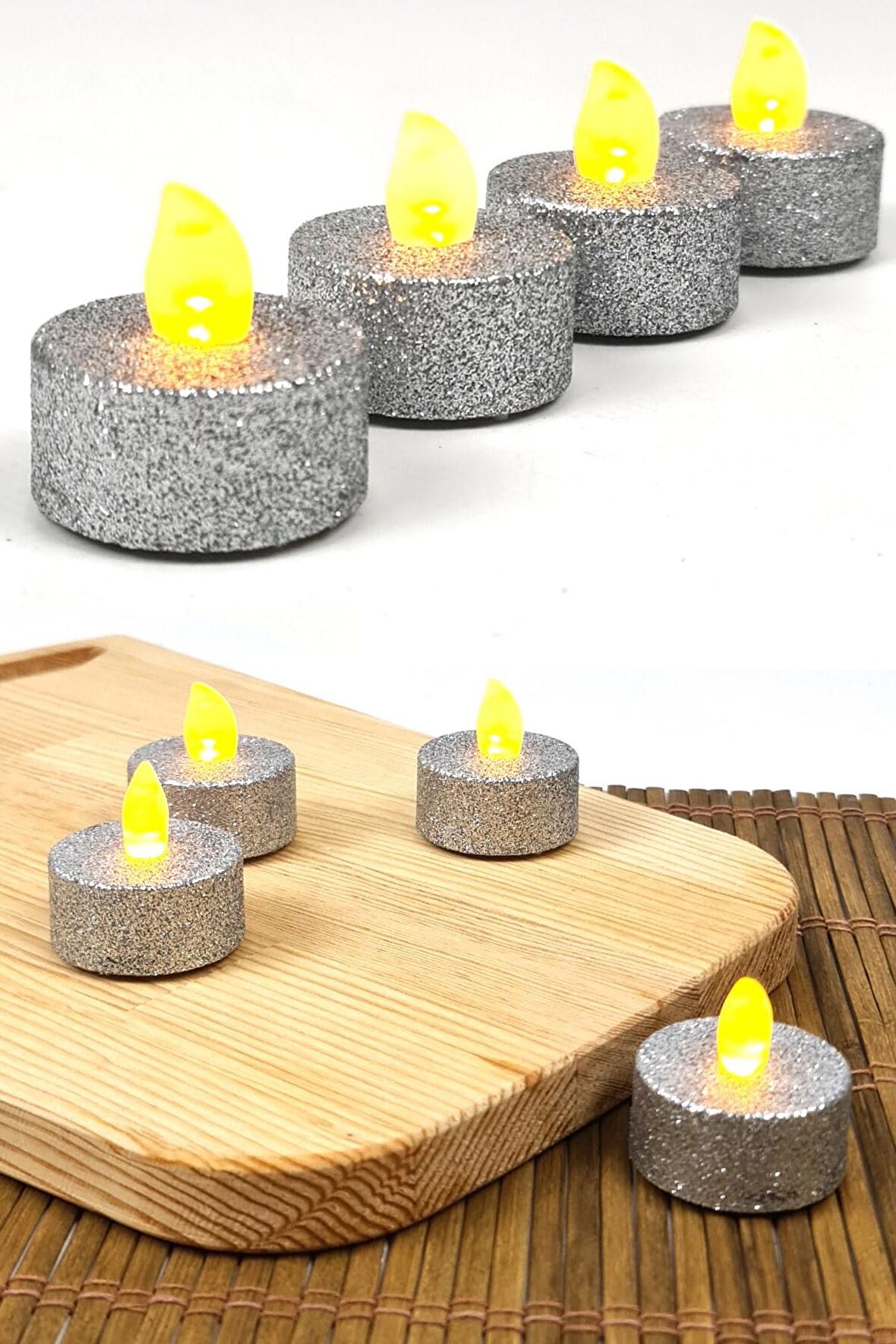 Pilli Tealight Mum 4 Adetli Simli Parlak Gövde Titreyen Alevli Mum Piller Dahil 80 Saat-Gümüş renk