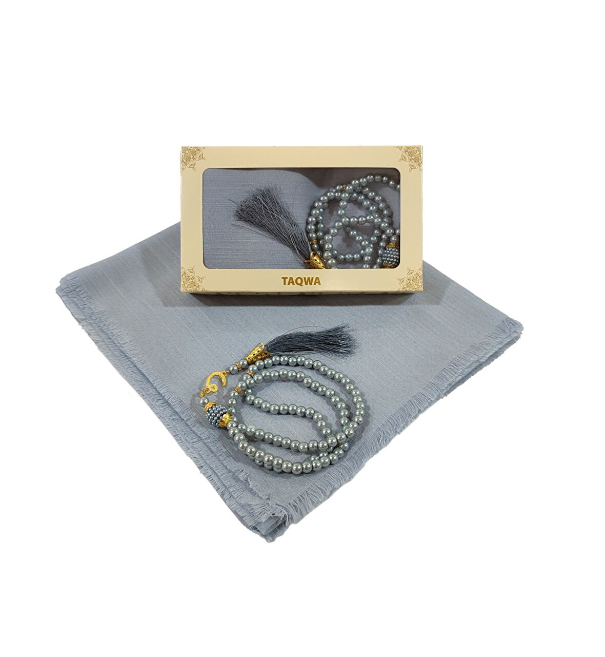 Mevlit Hediyesi Flamlı Yazma Set Hediyelik Eşarp 100x100cm Dağıtmalık-İnci 99 Tesbih Hediyeli-GRİ