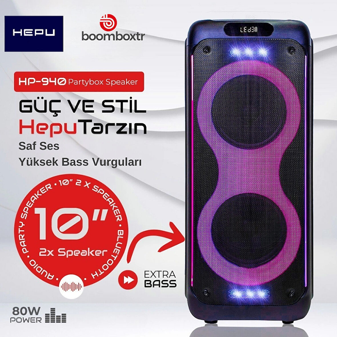 HEPU HP 940 Taşınabilir Şarjlı Bluetooth Hoparlör 80 w Rms 2*10 İnc Woofer Ultra Bass