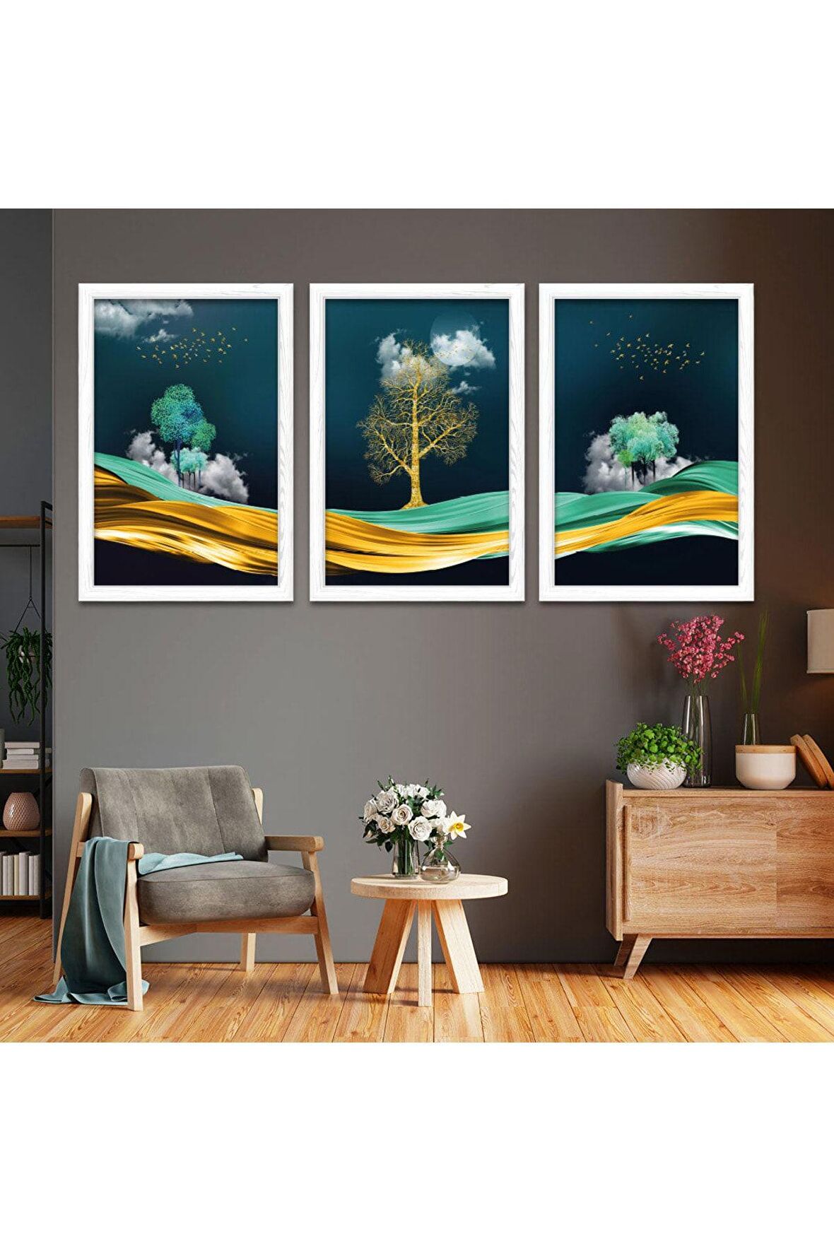 Çiçek Soyut Desen Gold Pleksi Kenar Üçlü Mdf Tablo Seti