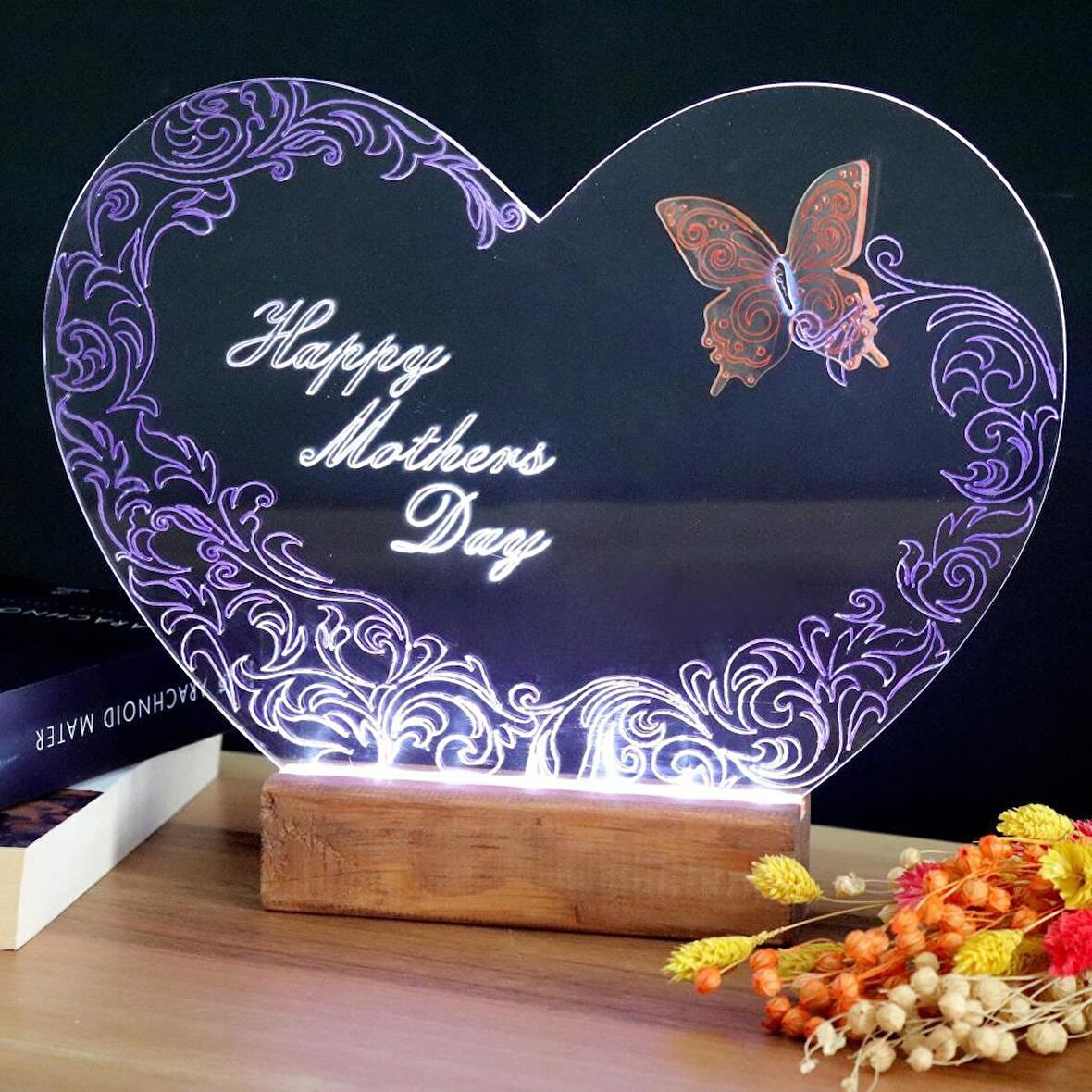 Veraart El Yapımı Boyama Kalpli Happy Mother's Day Işıklı Pleksi Kişiye Özel Gece Lambası Anneler Günü Hediyesi 2. Desen