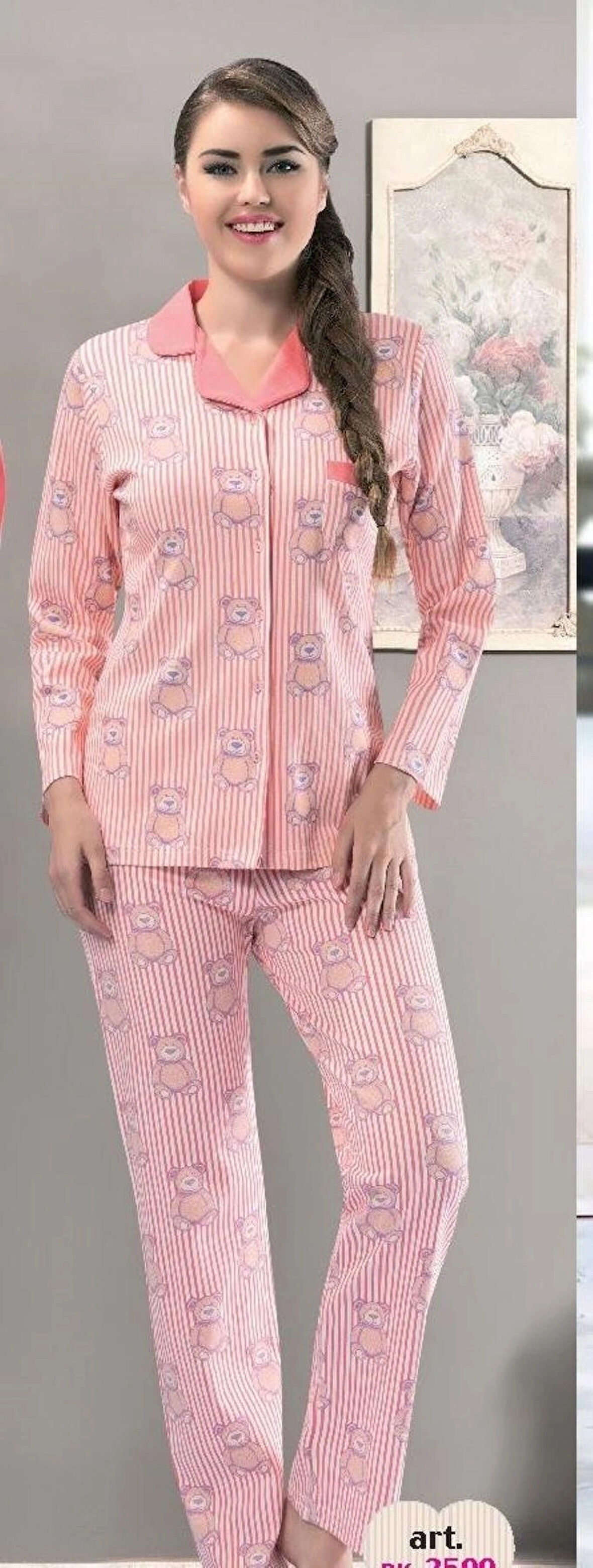 DİKA Uzun Kol Önden Düğmeli Pamuklu Kadın Pijama Takımı