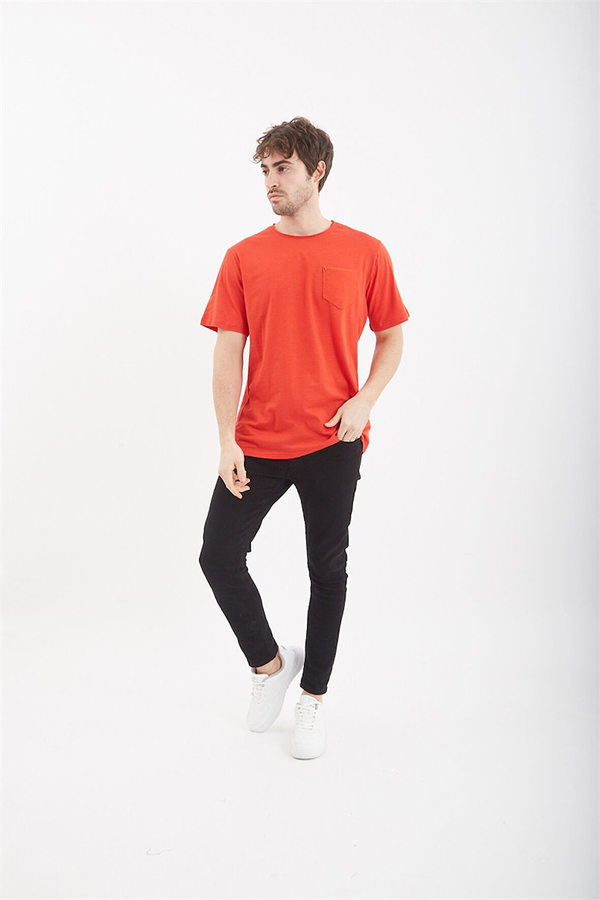2000 Flamlı Cepli Sıfır Yaka Trender  Erkek T-Shirt KIRMIZI