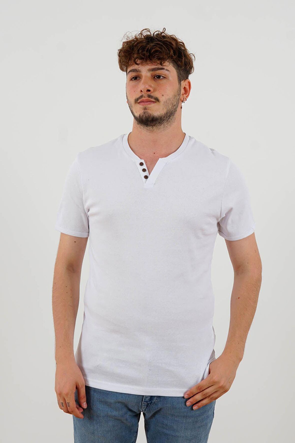 Düğmeli Patlı Trender Erkek T-Shirt 2122 EKRU