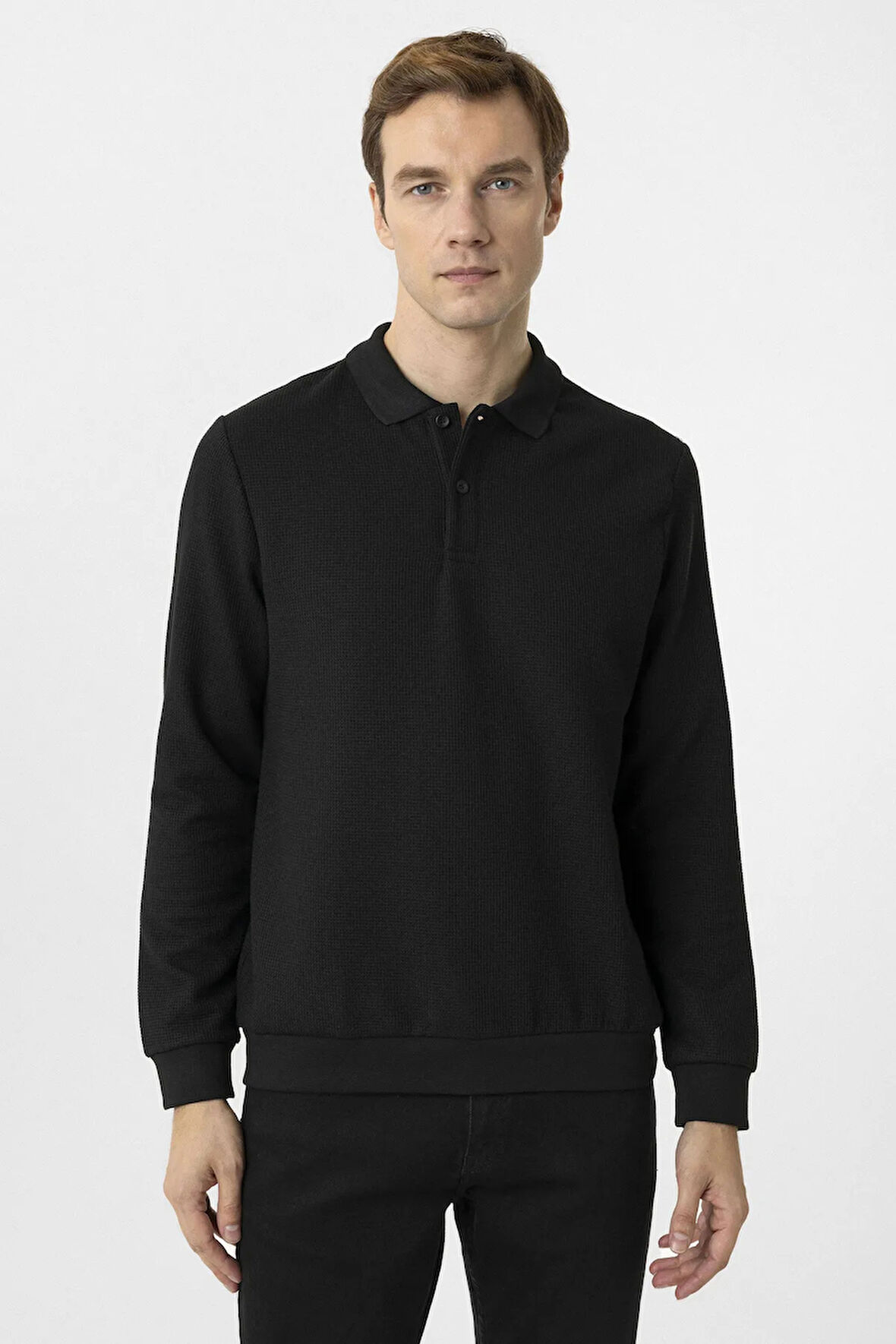 Erkek Polo Yaka Waffle Sweat TR2013700442 Siyah