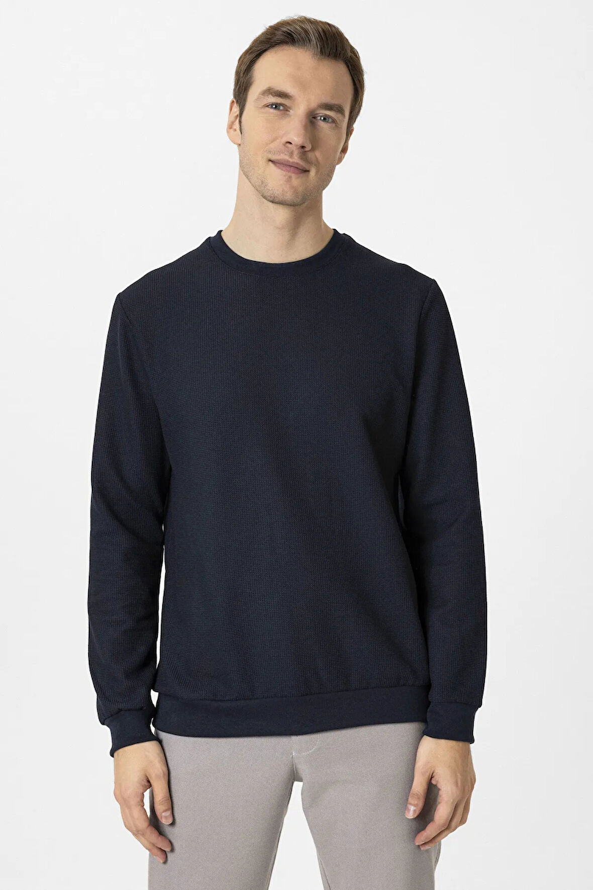 Erkek O Yaka Waffle Sweat TR2013700460 Lacivert