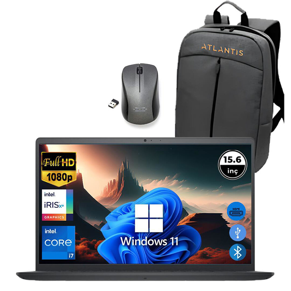 Dell Inspiron 3520 i7 1255U 32GB 512GB M.2 SSD I35201013U ATL225 O/B 15.6" Win11Pro Taşınabilir Bilgisayar+Çanta+Mouse