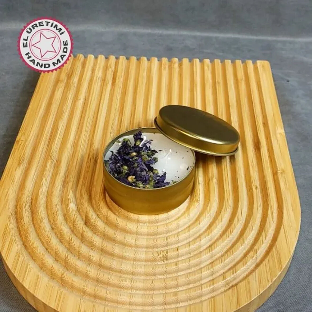 Uretti - Makbule 3845 7748 El Yapımı Gold Metal Kutuda Beyaz Mum - Mor Çiçek
