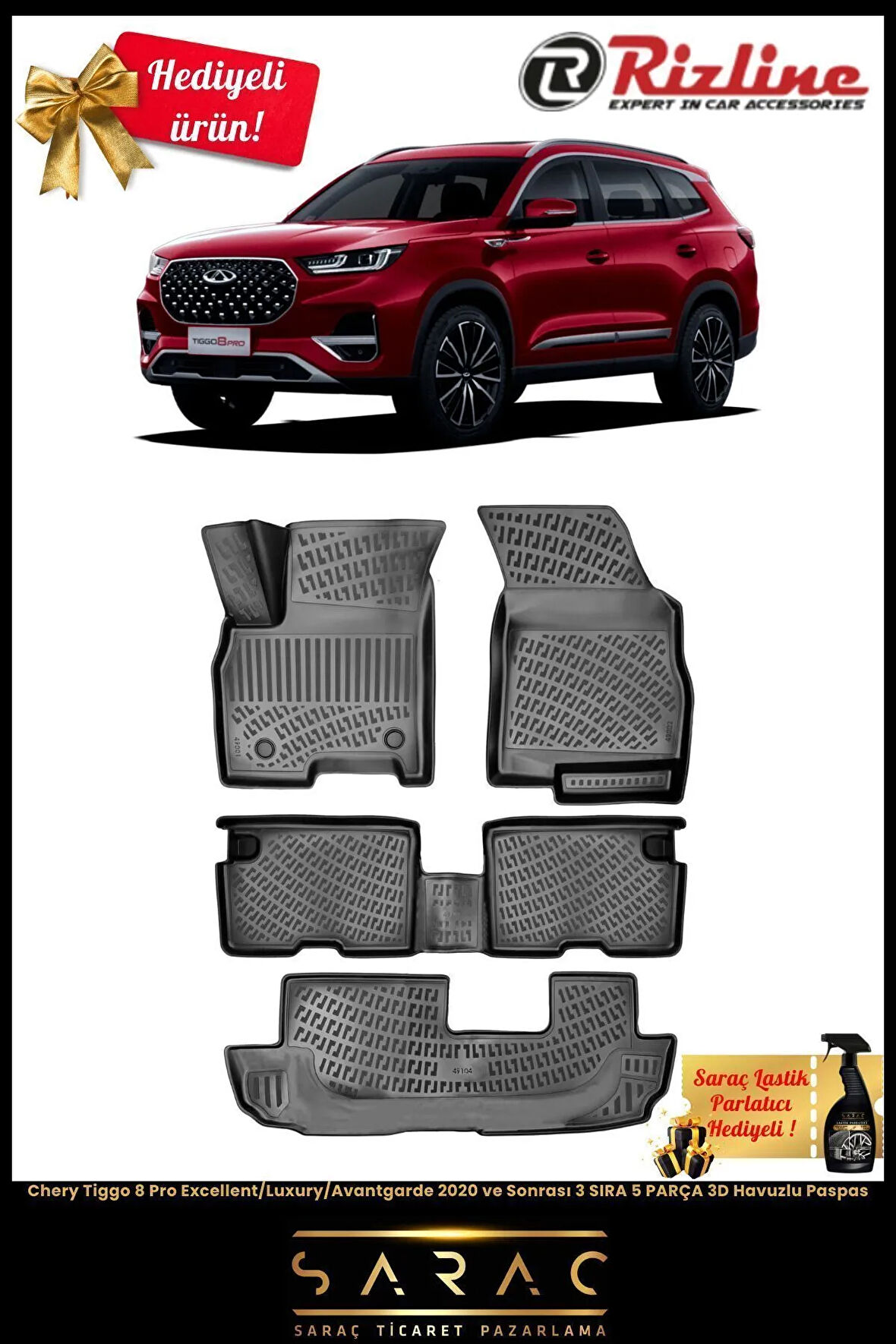 Rizline Chery Tiggo 8 Pro Excel/Lux/Avantgarde 2020 Model 3D Havuzlu Paspas (HEDİYELİ!)