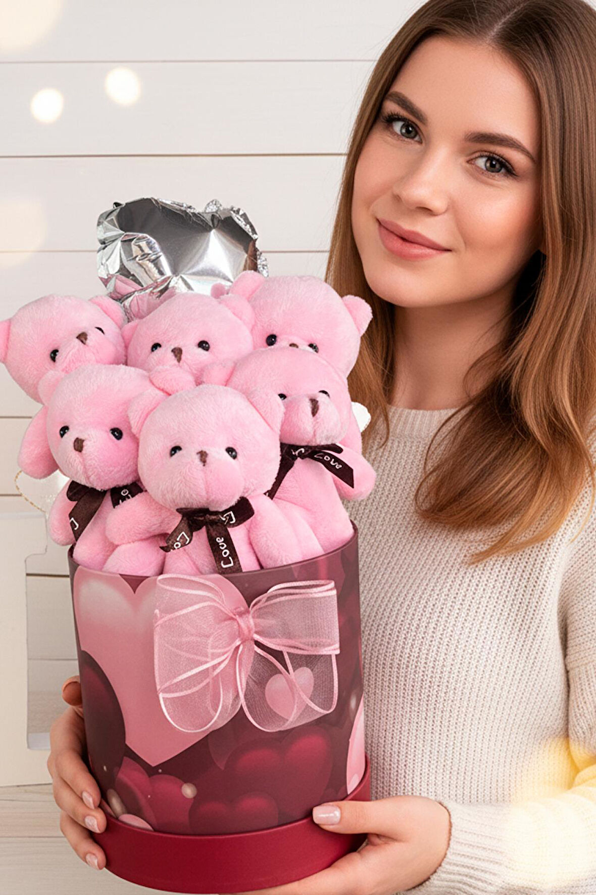 Premium Silindir Kalpli Kırmızı Özel Kutusunda, Kalpli Balonlu 6’lı Pembe Ayıcık Buketi