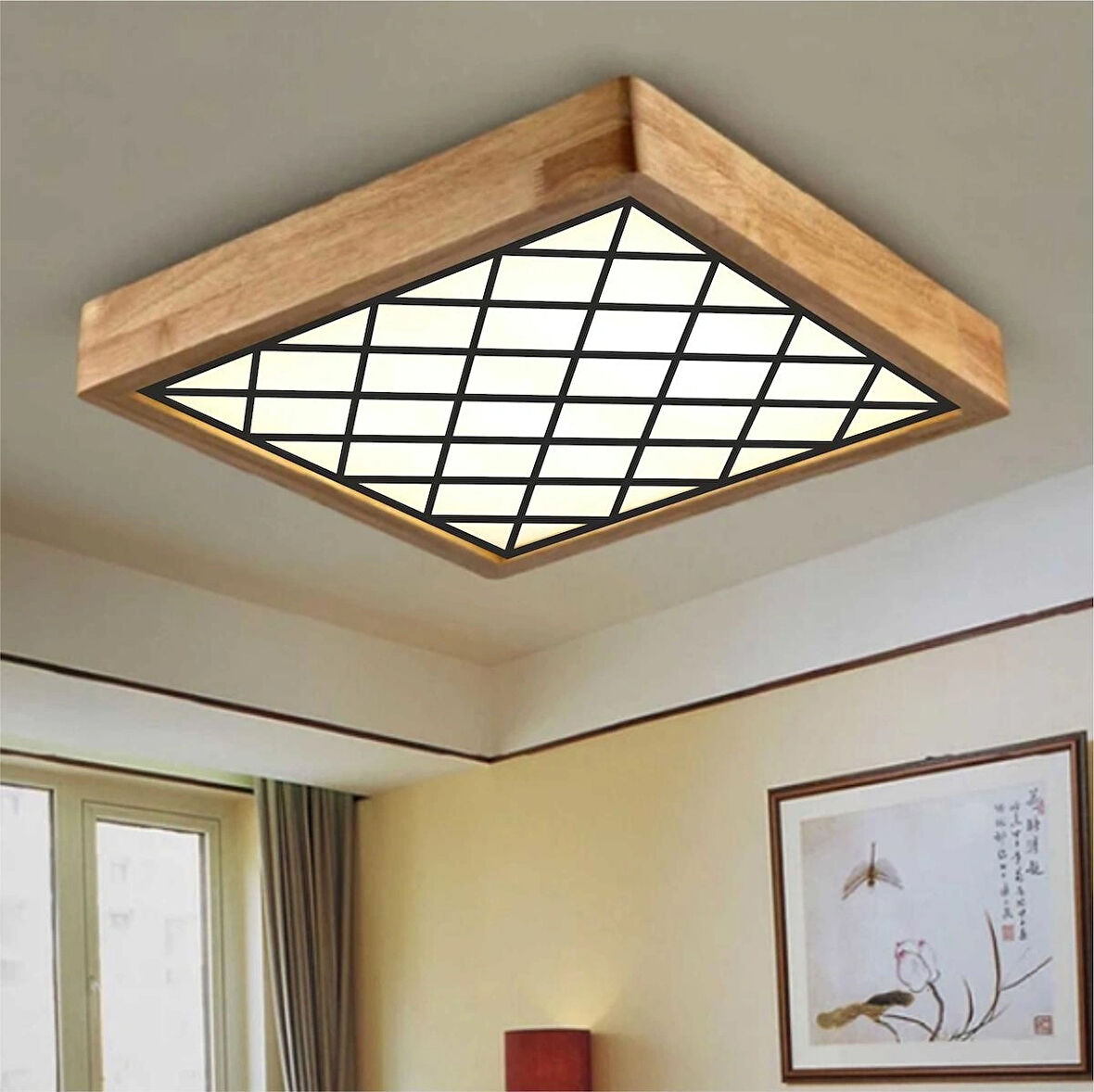Dekor olsun Ahşap Çerçeve Tavan Led Aydınlatma Avize 60*60cm Salon Yatak Mutfak Balkon Beyaz 6500k Işık Beyazçapraz desen