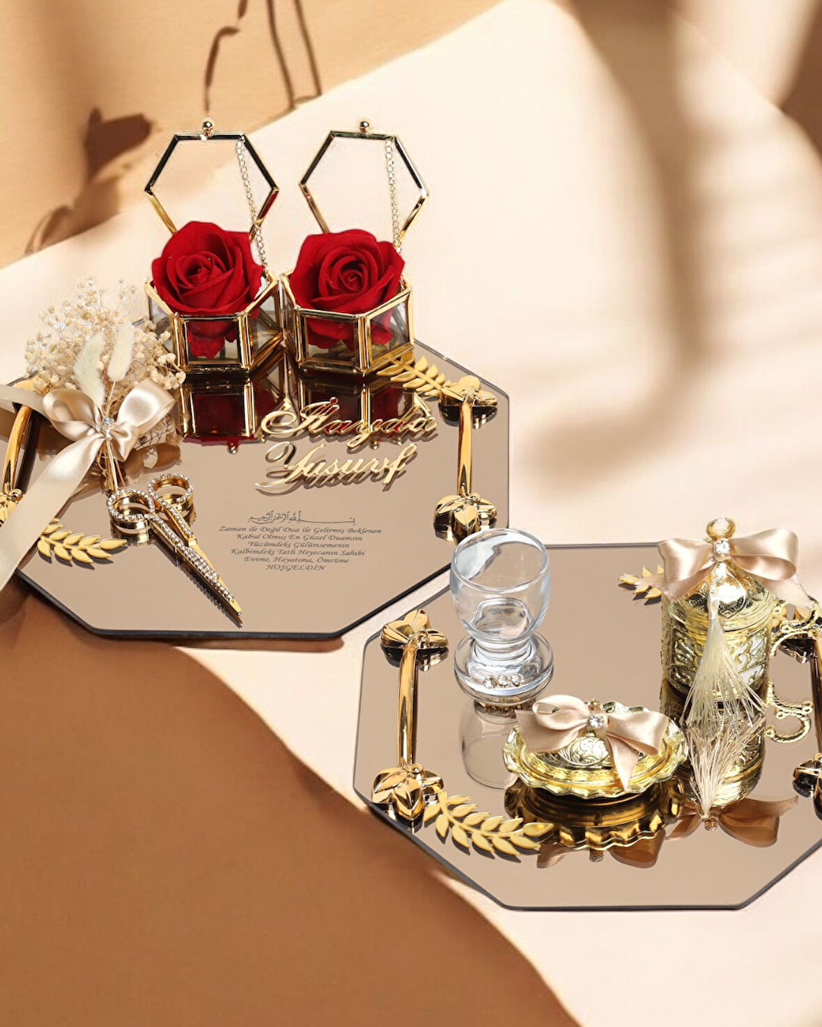 Affinity Sekizgen Gold Söz Nişan Tepsisi ve Damat Kahve Fincan Tepsisi