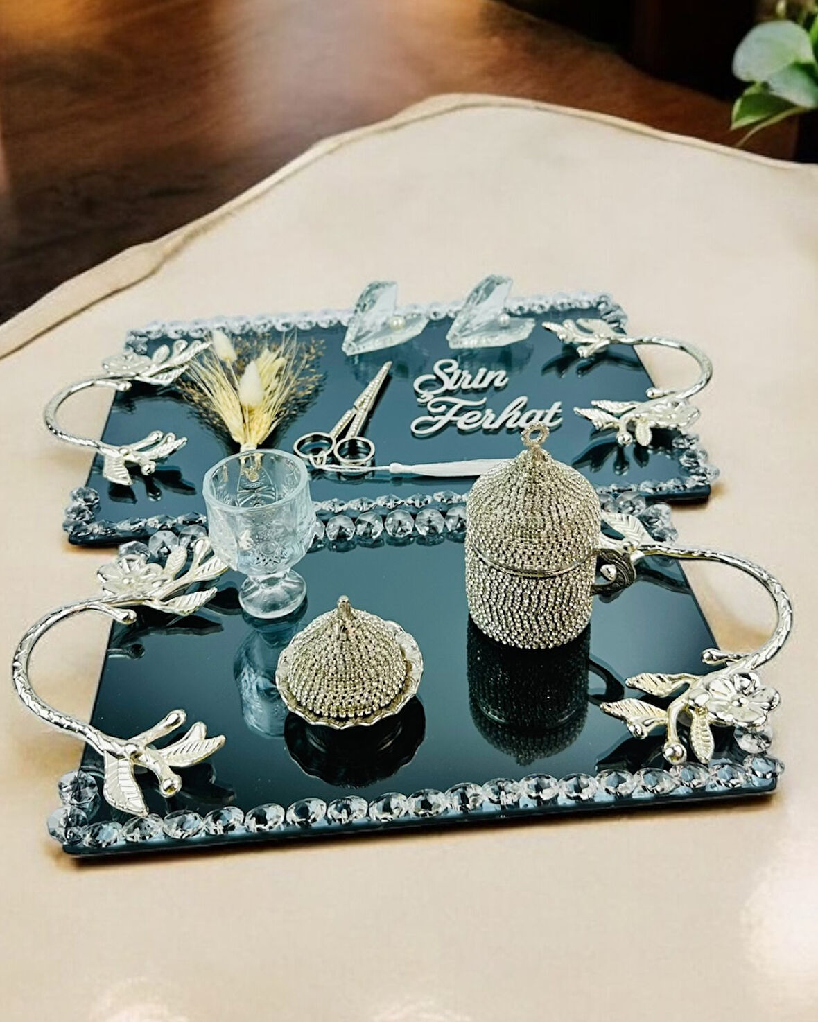 Serenity Gümüş Söz Tepsisi ve Damat Kahve Fincan Tepsisi