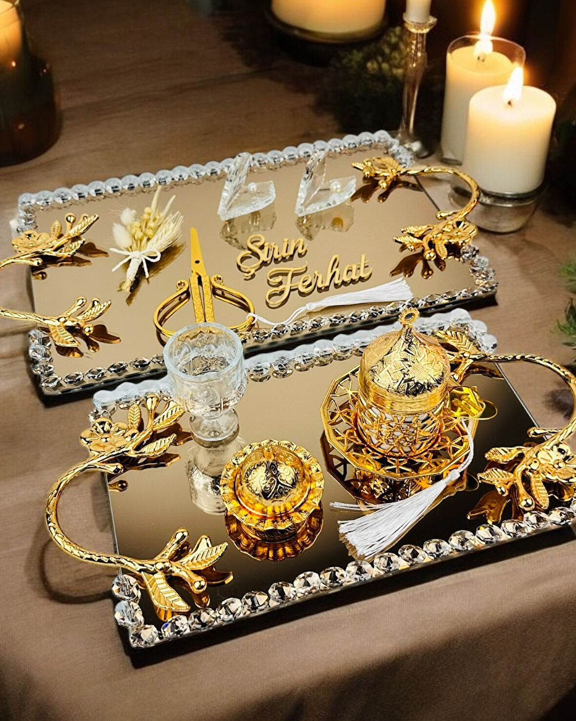 Amour Gold Lüks Swarovski Söz Nişan Tepsisi 