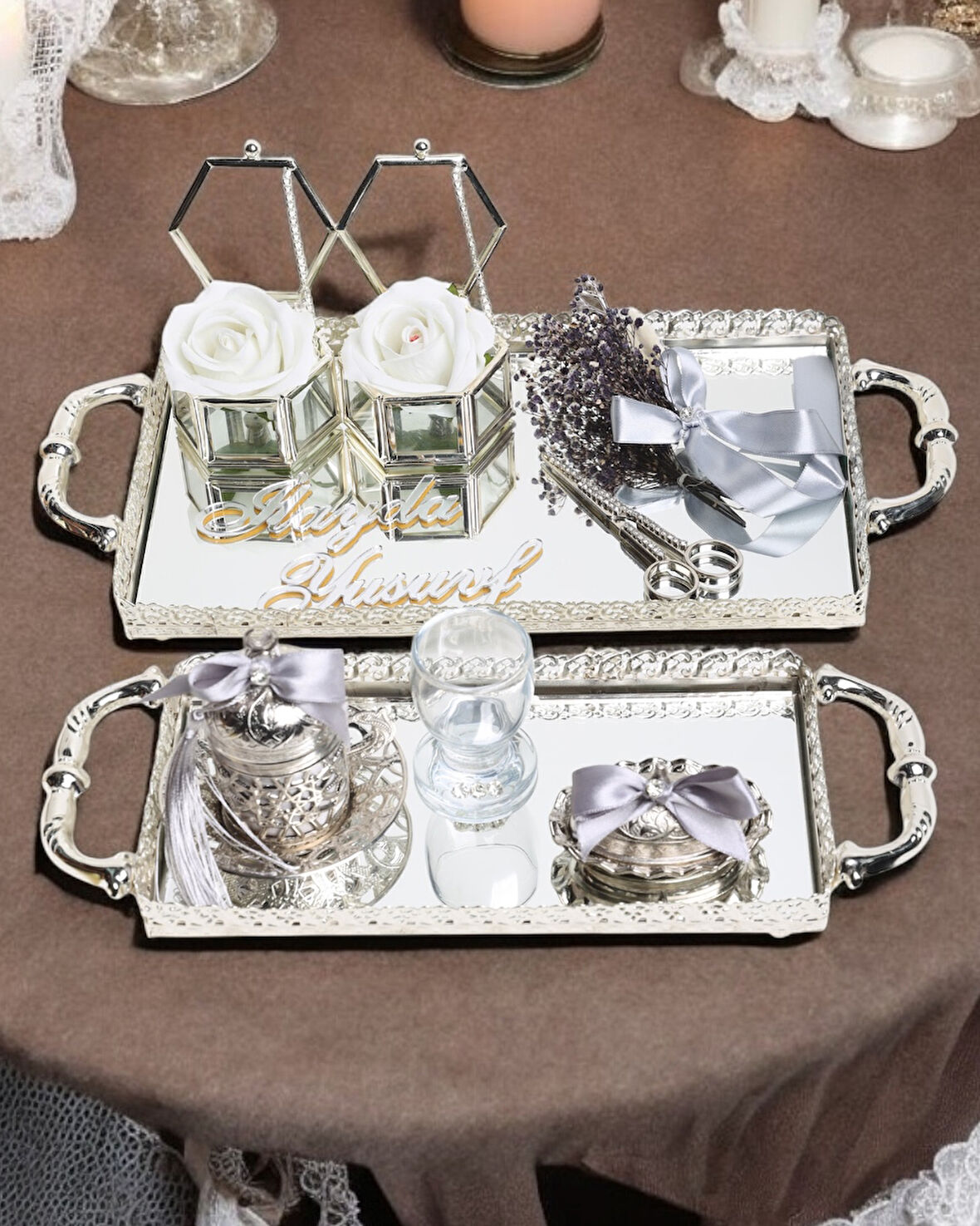Affection Dantelli Gümüş Söz Nişan Tepsisi ve Damat Kahve Fincan Tepsisi