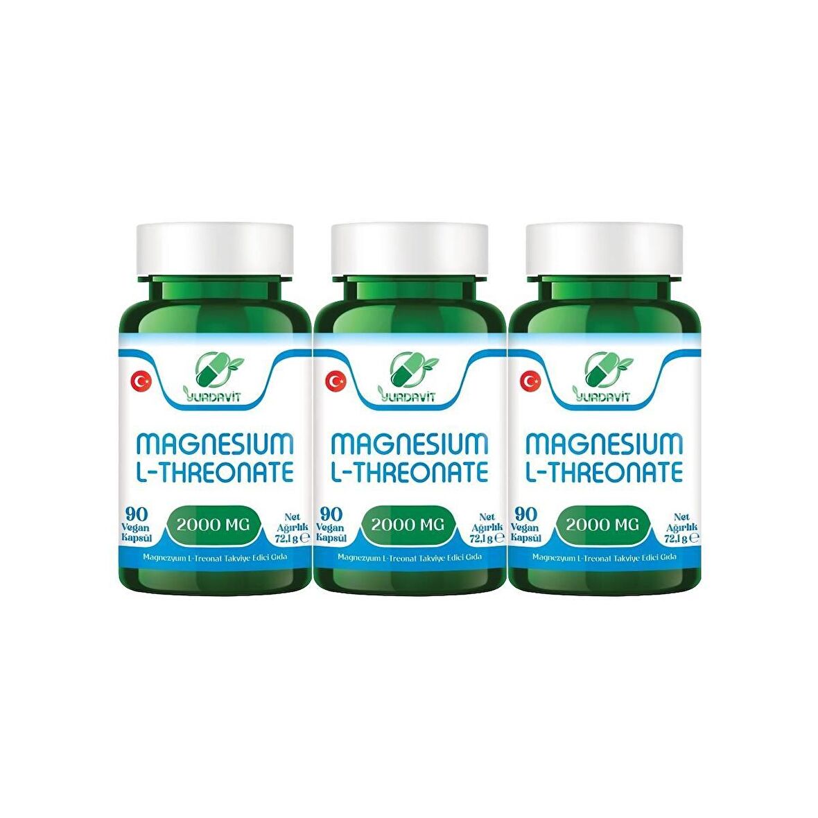 Yurdavit Magnesium L-Threonate 2000 mg 3 x 90 Vegan Kapsül Magnezyum 159 mg Magnezyum L-Treonat