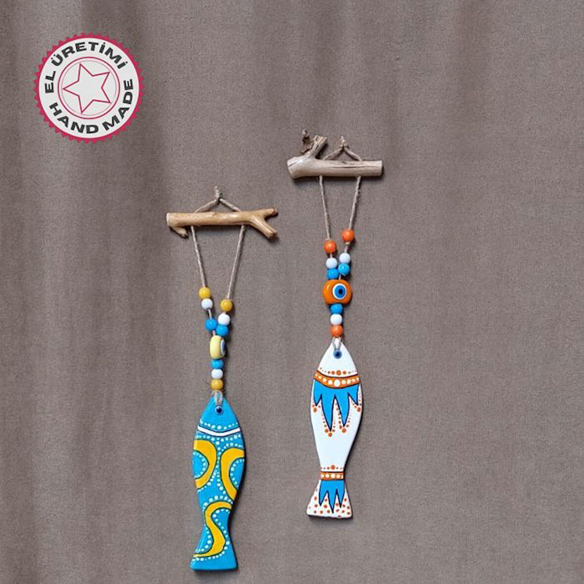 Uretti - Fatma 4830 7689 El Yapımı 2'li Balık Duvar Süsü -Beyaz / Sarı