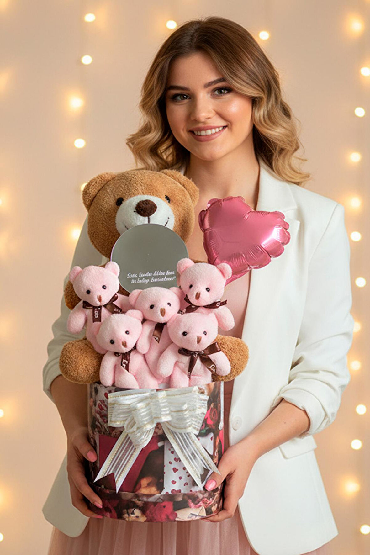 Mesajlı Ayna ve Kalpli Kutuda Kahverengi - Pembe Delüxe Peluş Ayıcık Buketi – Romantik Hediye Seti