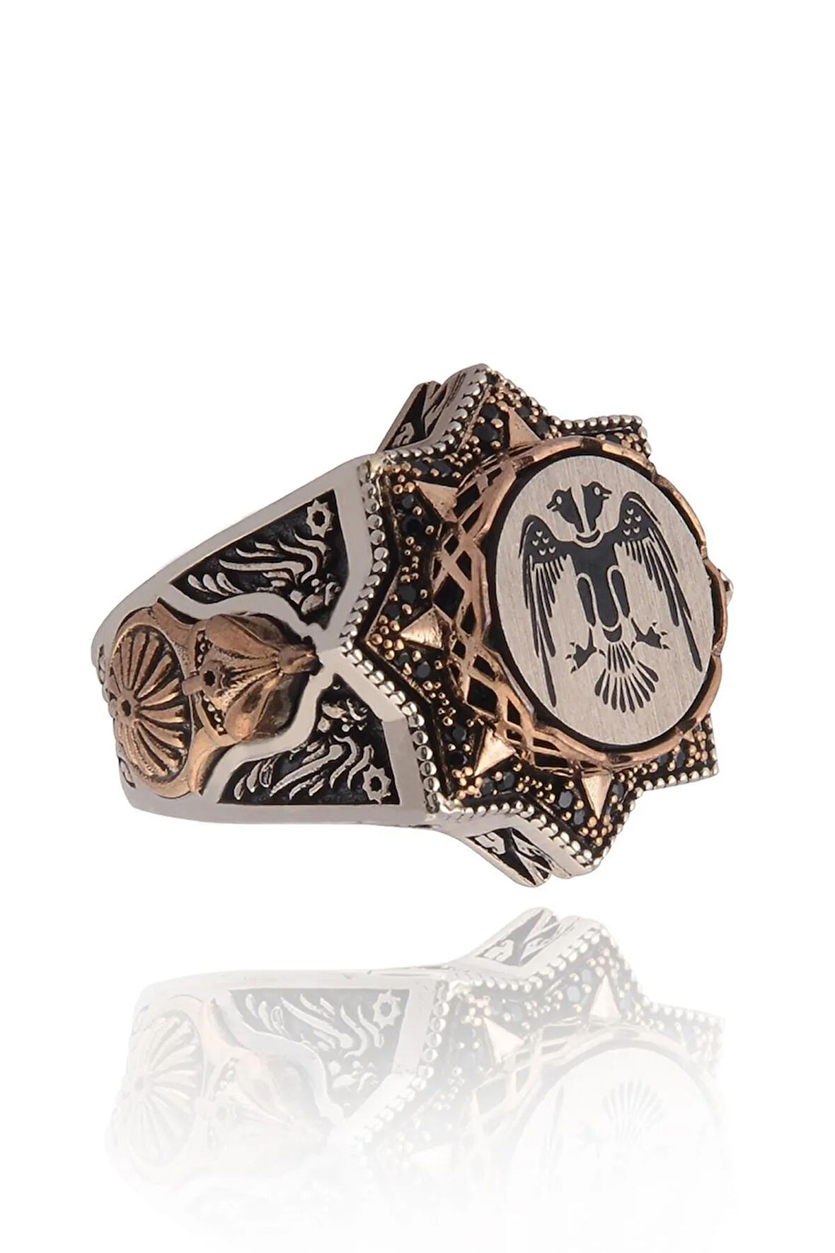 Selçuklu Şahini Motifli Miğfer Kalkan Işlemeli Koleksiyonluk Erkek Gümüş Yüzük