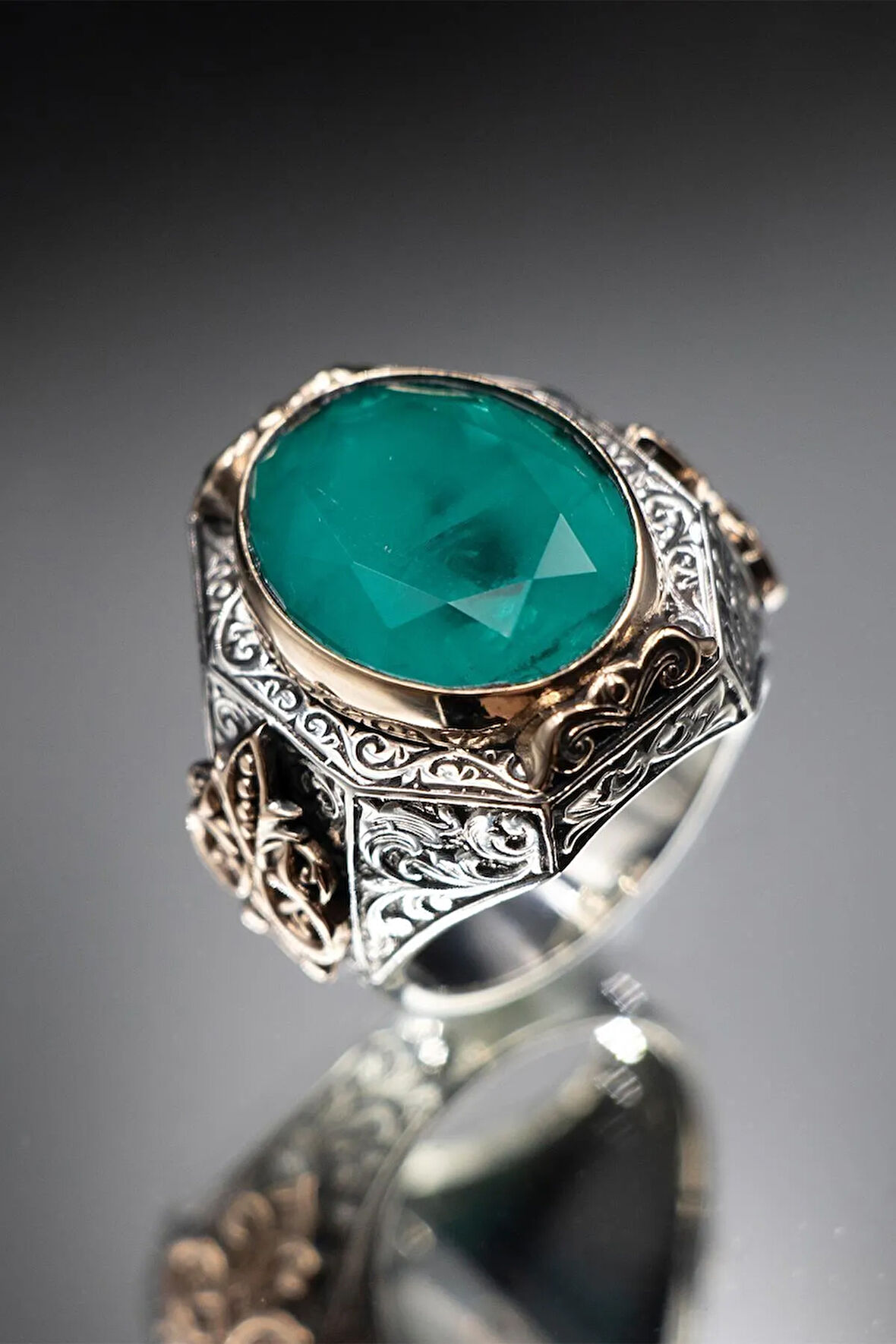 925 Ayar Yeşil Parabia Taşlı Erkek Gümüş Yüzük Gyzyzkend15-ysl