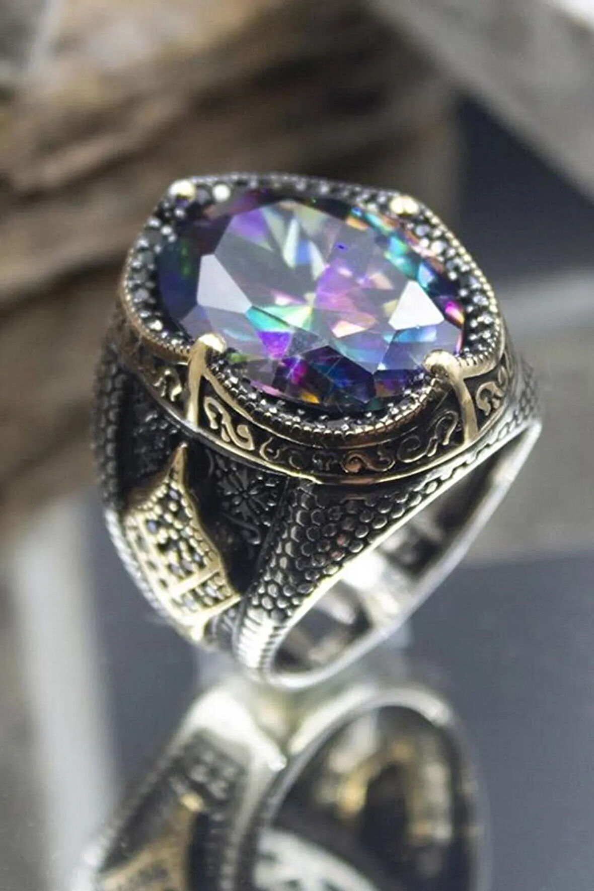 Mistik Topaz Taşlı Yanı Markazit Süslemeli Erkek 925 Ayar Gümüş Yüzük