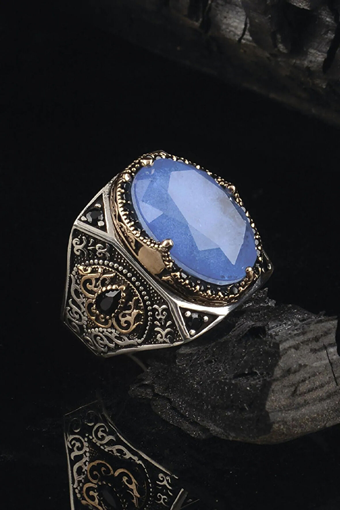 Paraiba Taşlı Yanları Zirkon Taş Süslü 925 Ayar Gümüş Erkek Yüzük Gyzaquamrın-mav