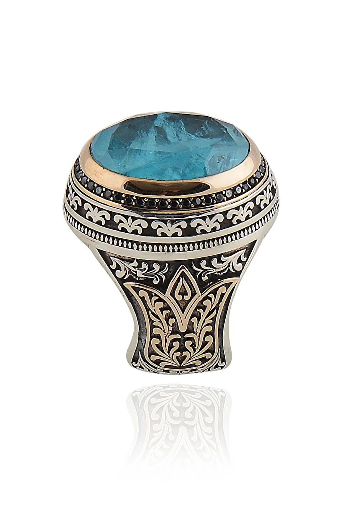 Mavi Paraiba Taşlı Yanları Lale Motifli 925 Ayar Gümüş Erkek Yüzük 18gr