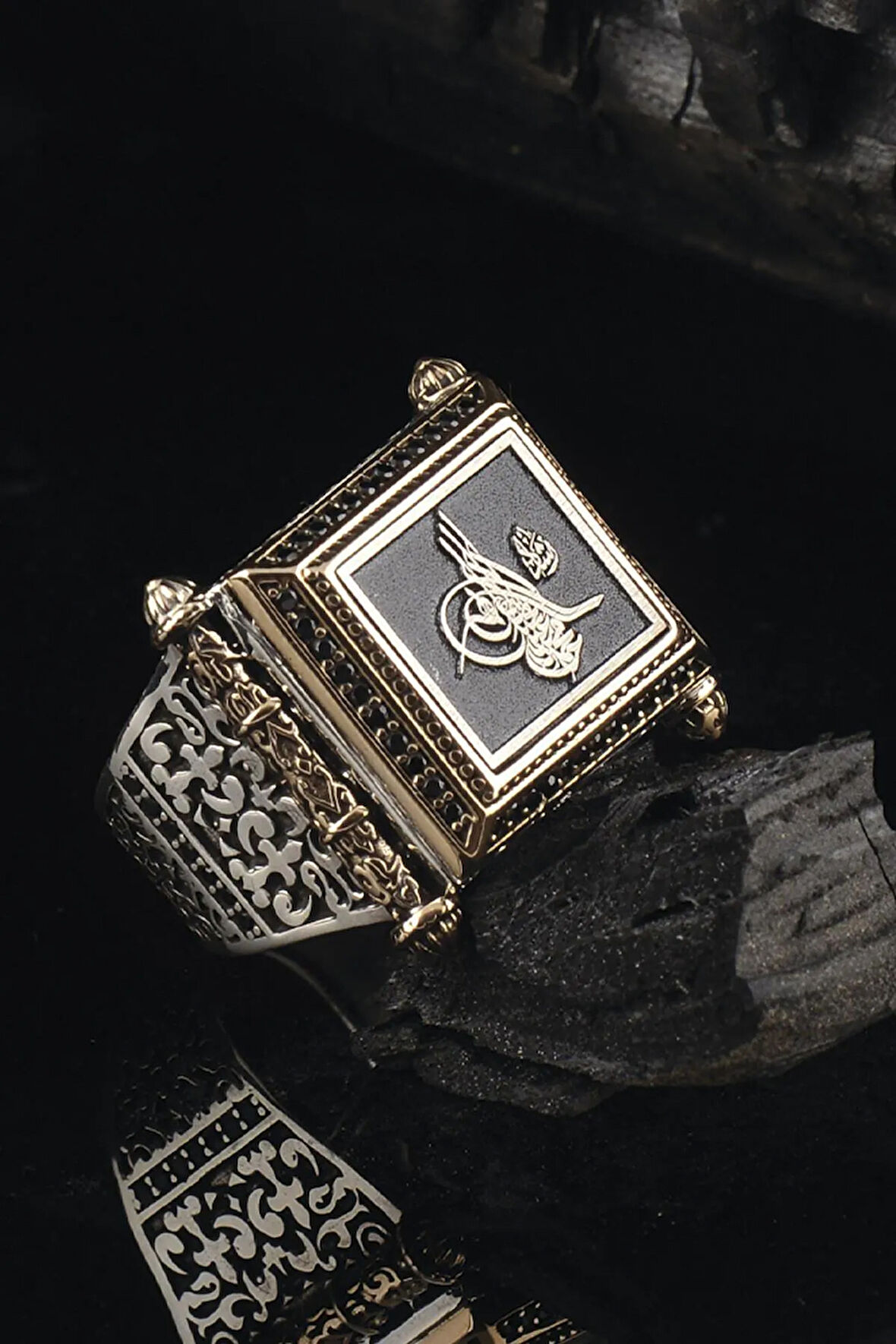 Osmanlı Tuğralı Yanı Işlemeli 925 Ayar Erkek Gümüş Yüzük Gyzosmntgra-gms