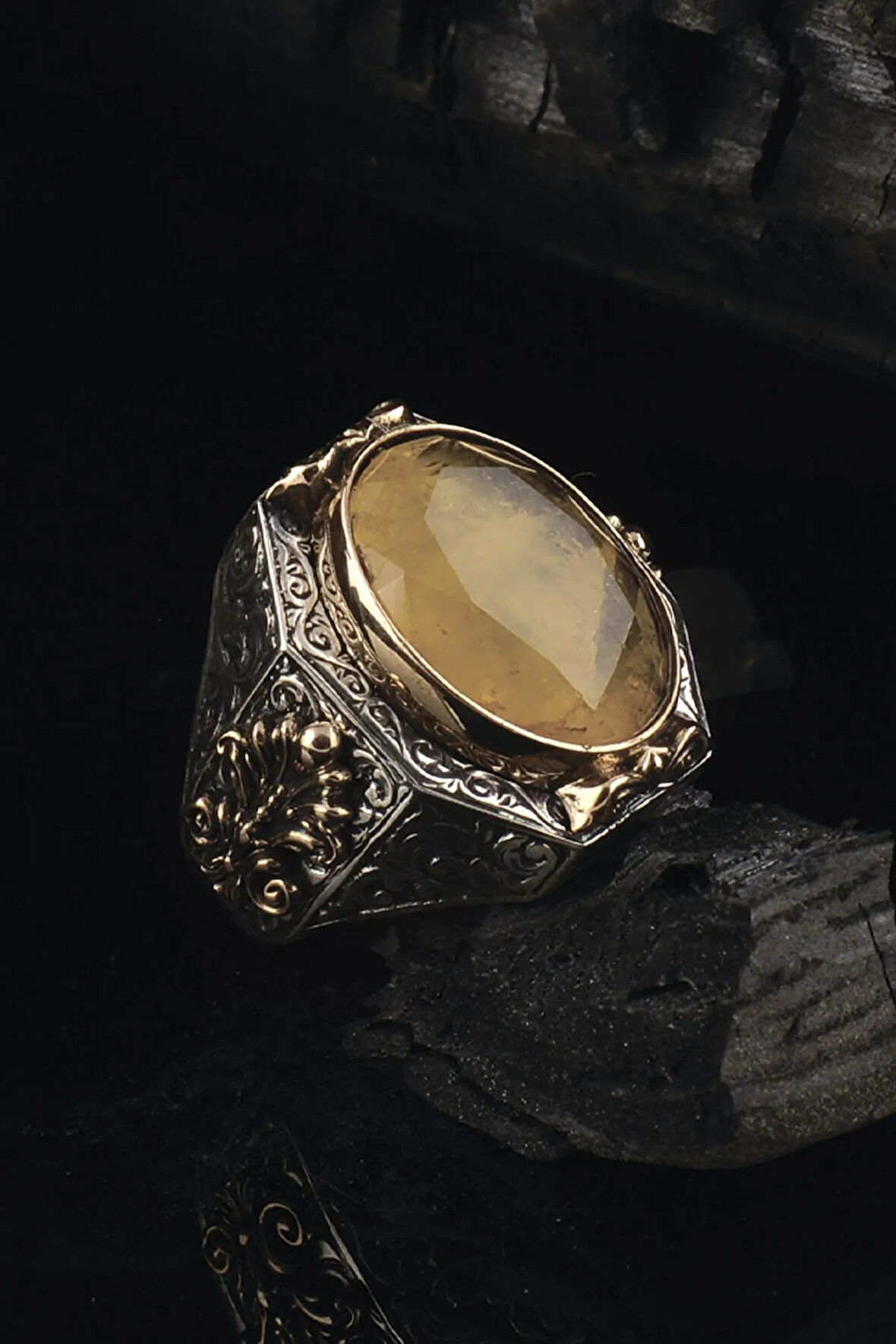 Sarı Parabia Taşlı 925 Ayar Erkek Gümüş Yüzük Gyzsarıpara-gms