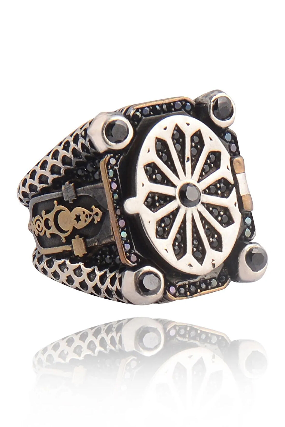 Siyah Zirkon Taşlı Kare Model Ay Yıldız Içi Açılabilen Erkek 925 Ayar Gümüş Yüzük Gyzkaremdlz-gms