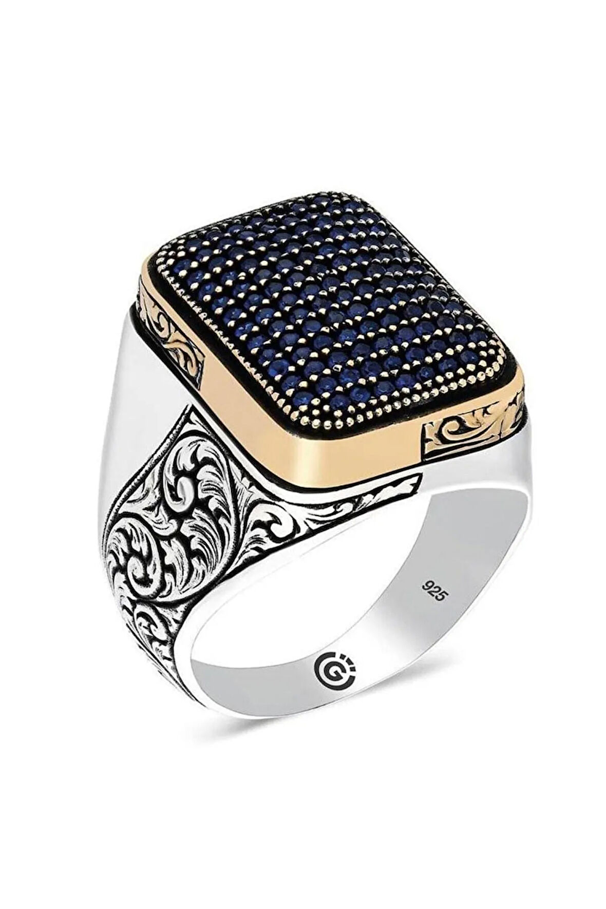 Derne Lacivert Zirkon Taşlı Yanı Işli Özel Seri Erkek Gümüş Yüzük