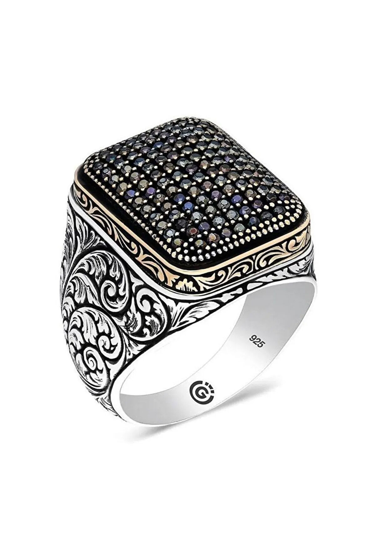 Kabala Siyah Zirkon Taşlı Yanı Işli Özel Seri Erkek Gümüş Yüzük