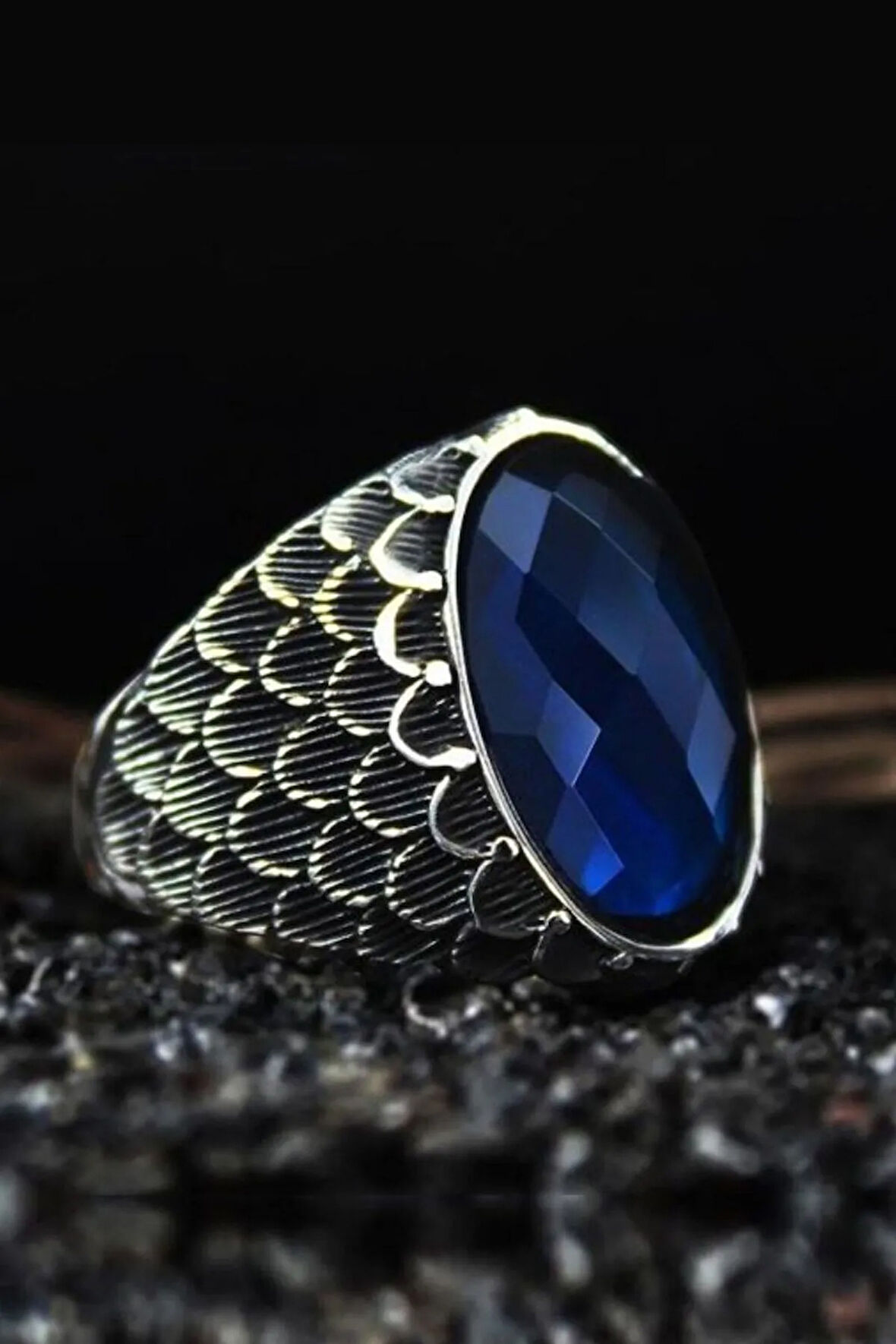 Erkek Gümüş Yüzük - Anka Model - Lacivert Safir Kristal Kesim Taşlı Özel Seri Erkek Gümüş Yüzük