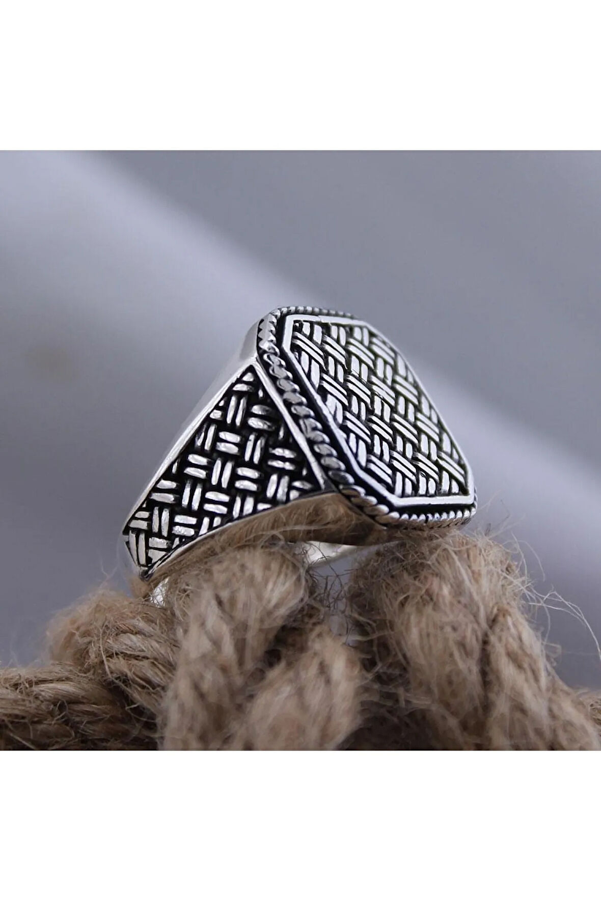 Gümüş Renk Örme Desen Işlemeli Özel Seri Erkek Gümüş Yüzük