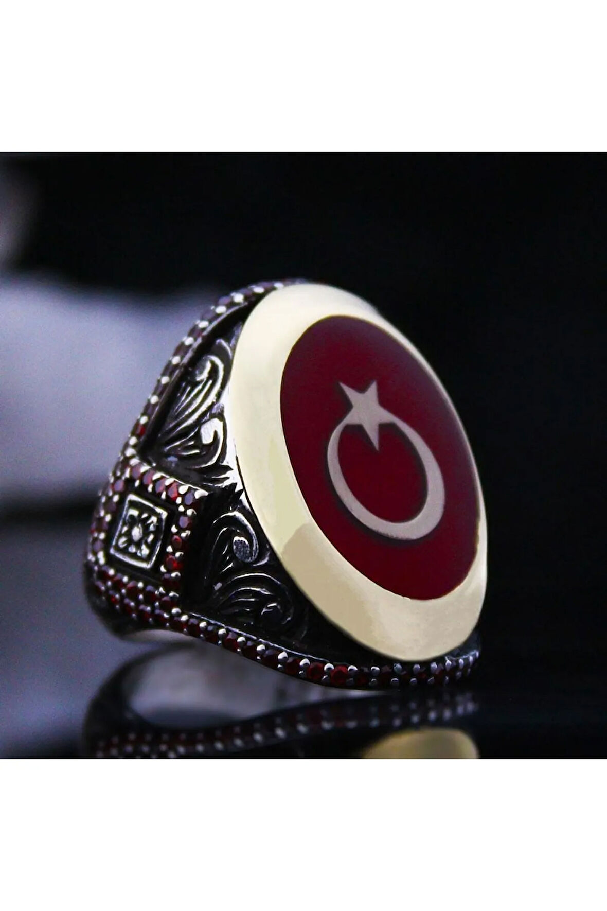Kırmızı Mineli Ay Yıldız Işlemeli Özel Seri Erkek Gümüş Yüzük - Ey3132