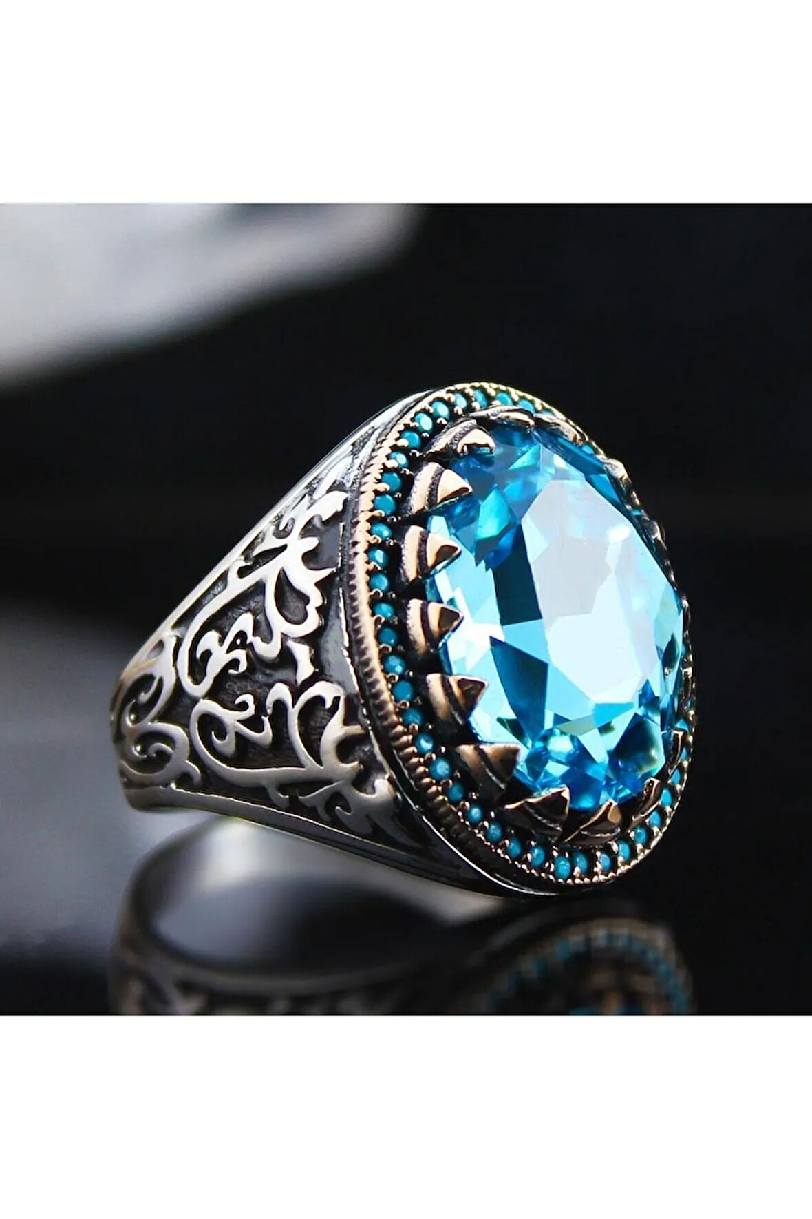 Turkuaz Paraiba Taşlı Yanı Işlemeli Özel Seri Erkek Gümüş Yüzük - Ey3128