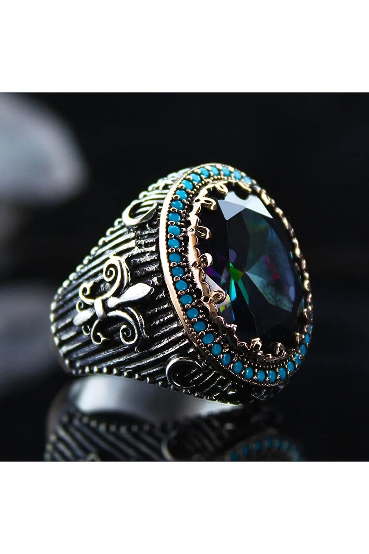 Karışık Renk Mistik Topaz Taşlı Yanı Işlemeli Özel Seri Erkek Gümüş Yüzük - Ey3126