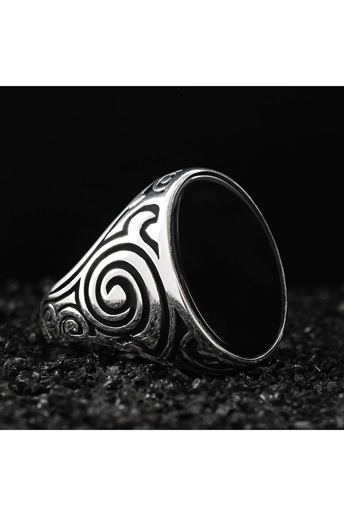 Siyah Oniks Taşlı Geometrik Desen Özel Seri Erkek Gümüş Yüzük