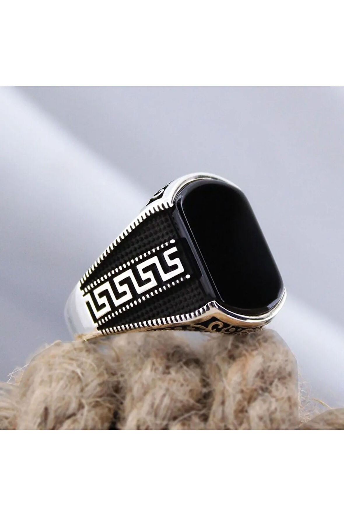 Siyah Oniks Taşlı Grek Desen Özel Seri Erkek Gümüş Yüzük - Ey3089