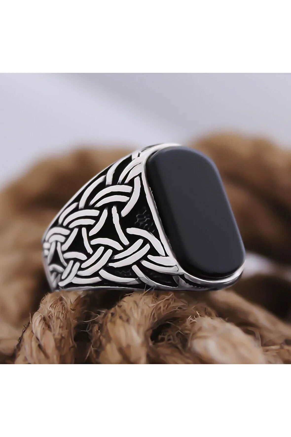 Siyah Oniks Taşlı Örme Desen Işlemeli Özel Seri Erkek Gümüş Yüzük