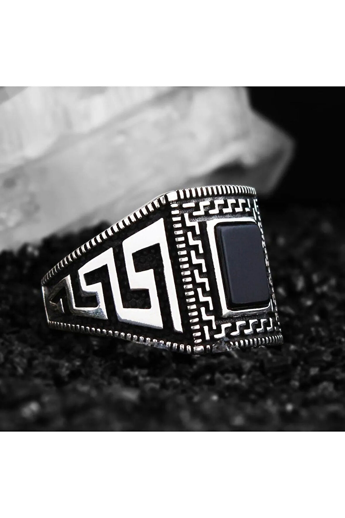 Siyah Oniks Taşlı Grek Desen Işlemeli Özel Seri Erkek Gümüş Yüzük