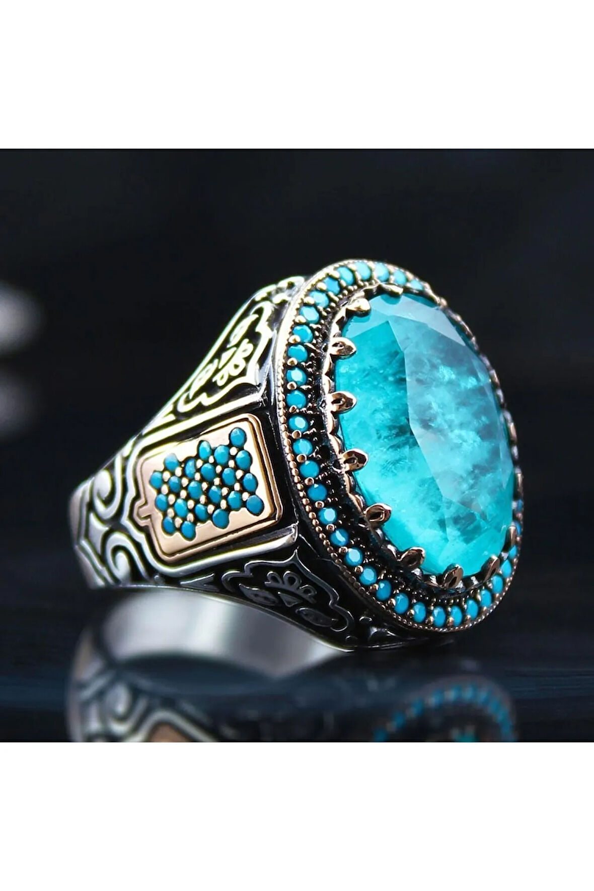 Turkuaz Paraiba Taşlı Mikro Taş Işlemeli Özel Seri Erkek Gümüş Yüzük - Ey3101