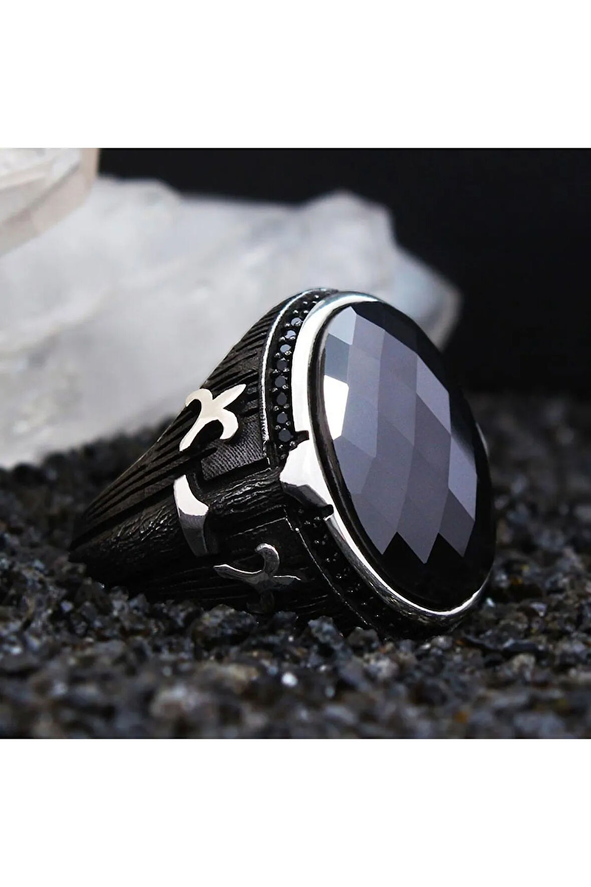 Siyah Oniks Taşlı Kristal Kesim Özel Seri Erkek Gümüş Yüzük - Ey3098