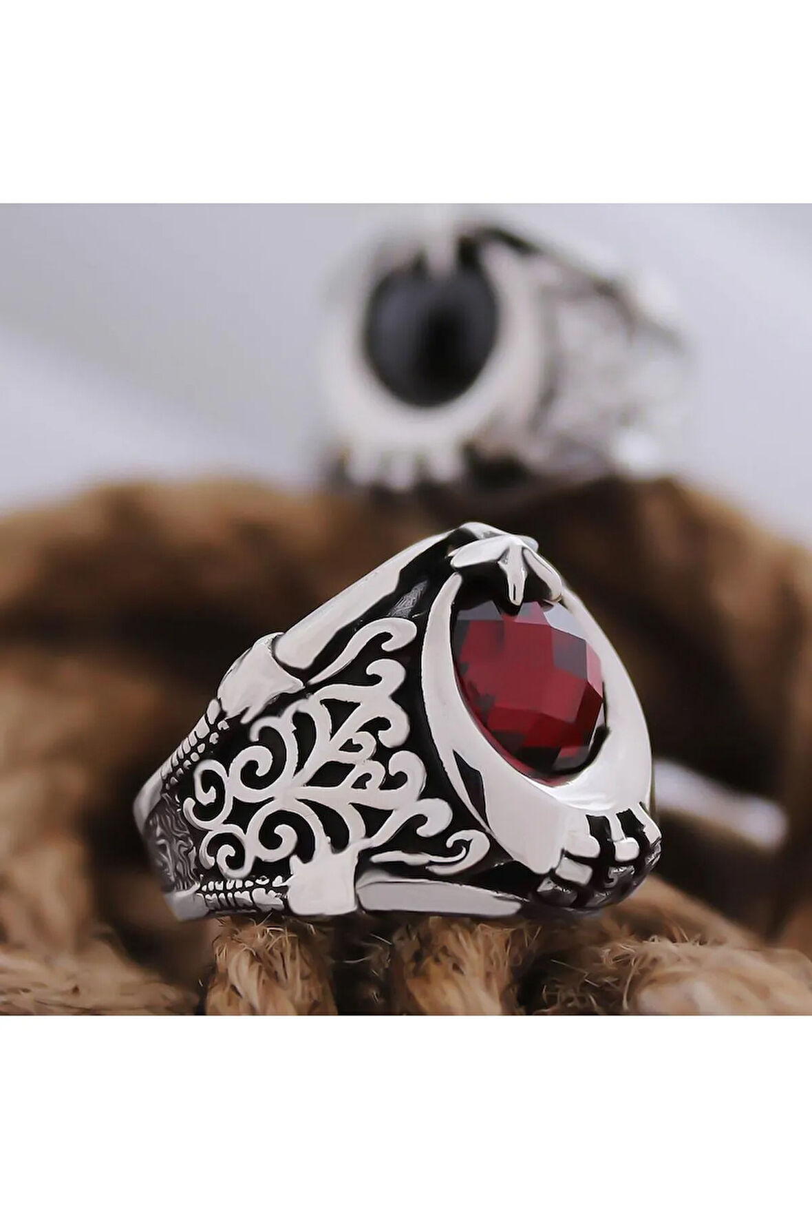 Kırmızı Yakut Taşlı Ay Yıldız Özel Seri Erkek Gümüş Yüzük - Ey3096
