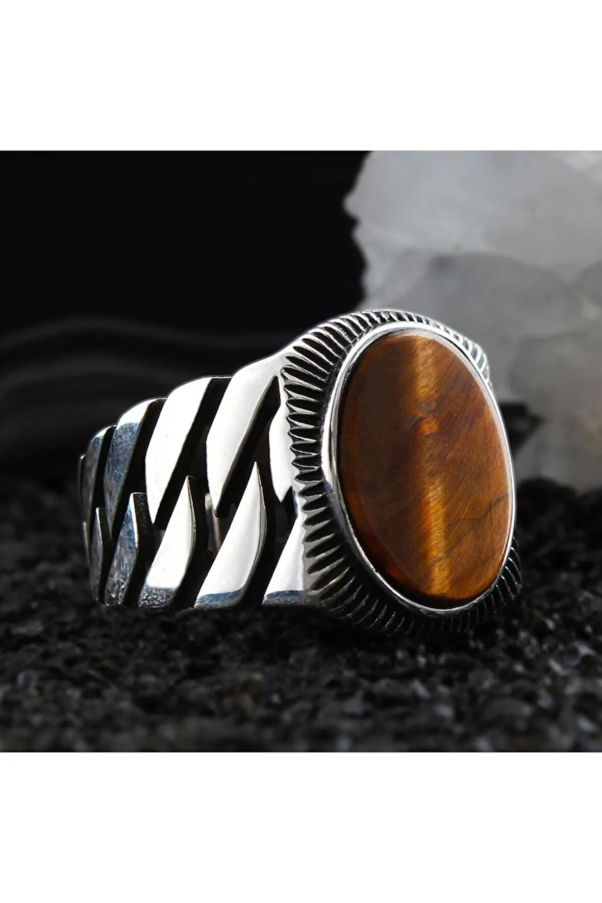 Kahverengi Kaplangözü Taşlı Özel Seri Erkek Gümüş Yüzük
