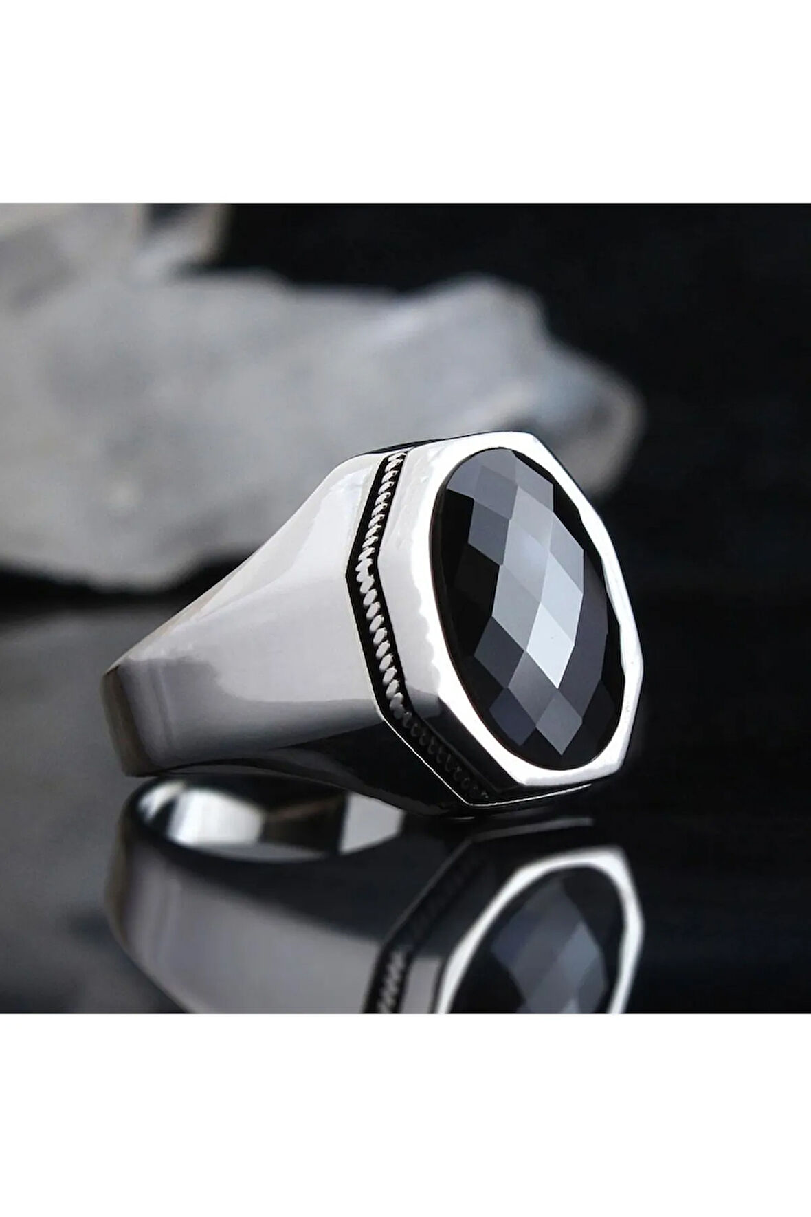 Siyah Oniks Kristal Kesim Taşlı Özel Seri Erkek Gümüş Yüzük - Ey3094