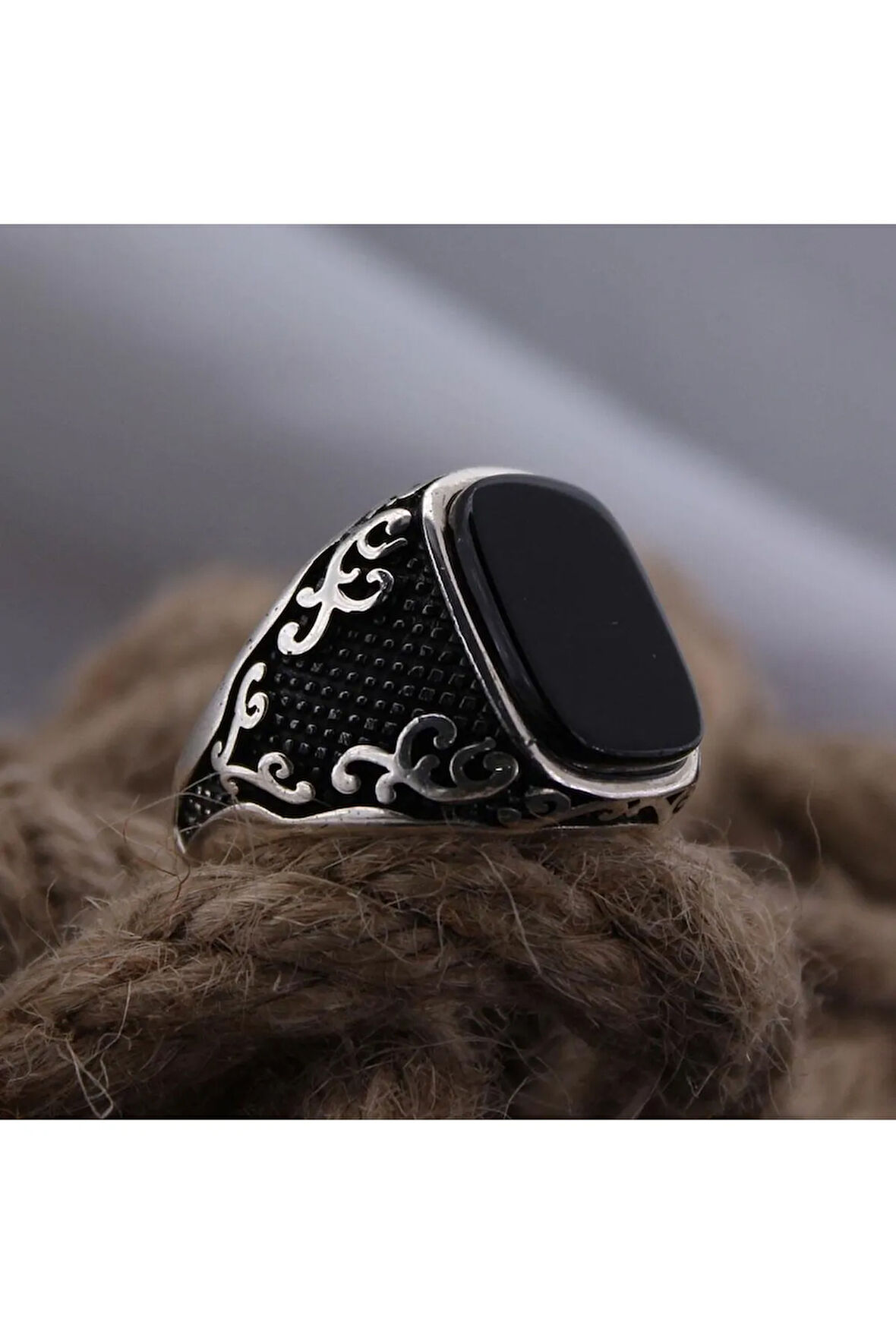 Siyah Oniks Taşlı Yanı Işli Özel Seri Erkek Gümüş Yüzük - Ey3092