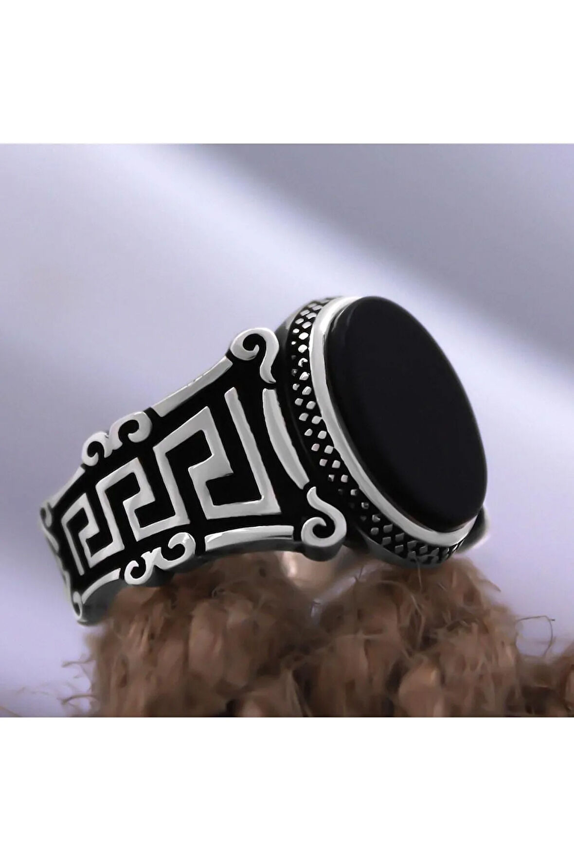 Siyah Oniks Taşlı Grek Desen Özel Seri Erkek Gümüş Yüzük - Ey3089