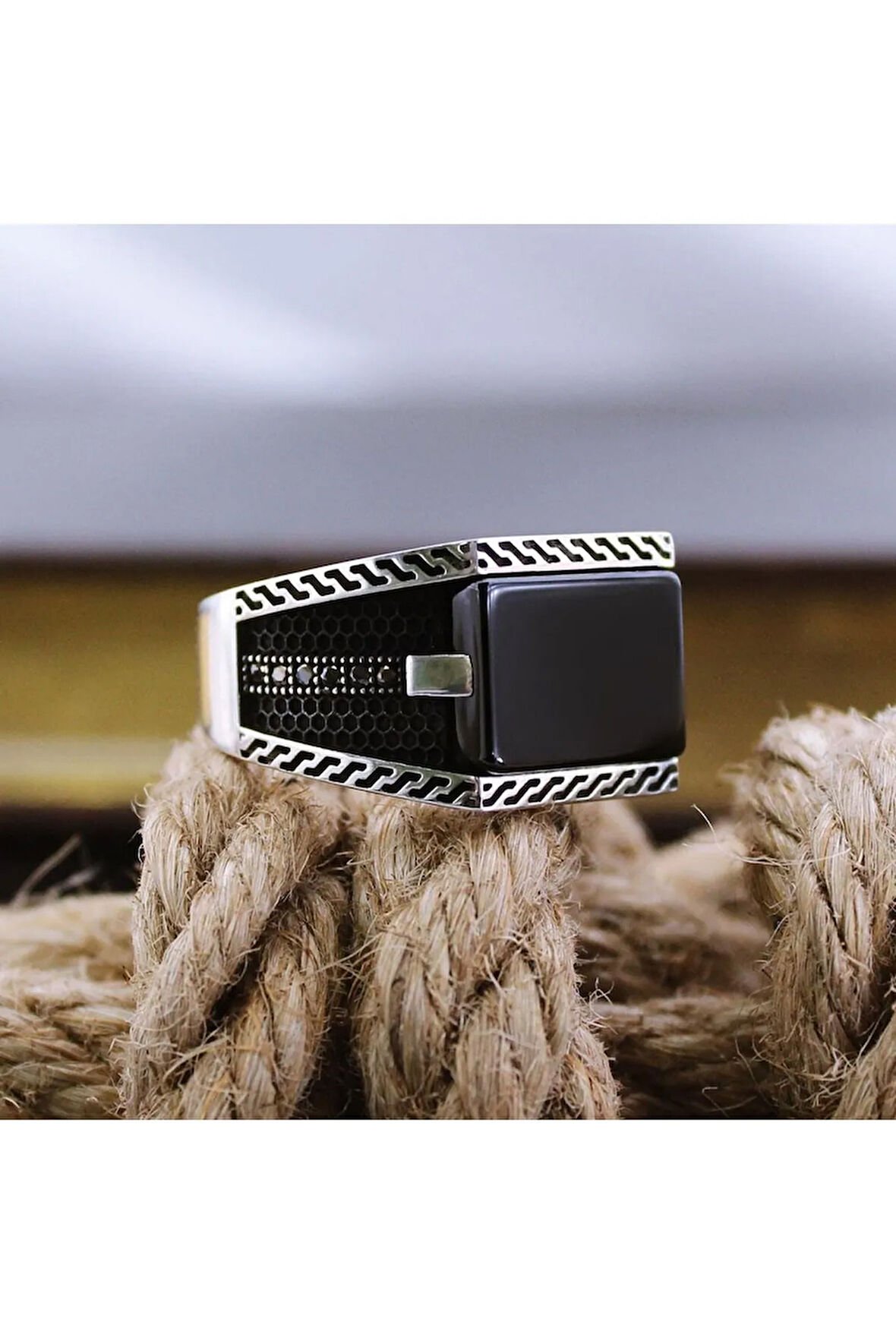 Siyah Oniks Taşlı Simetrik Model Özel Seri Erkek Gümüş Yüzük - Ey3086